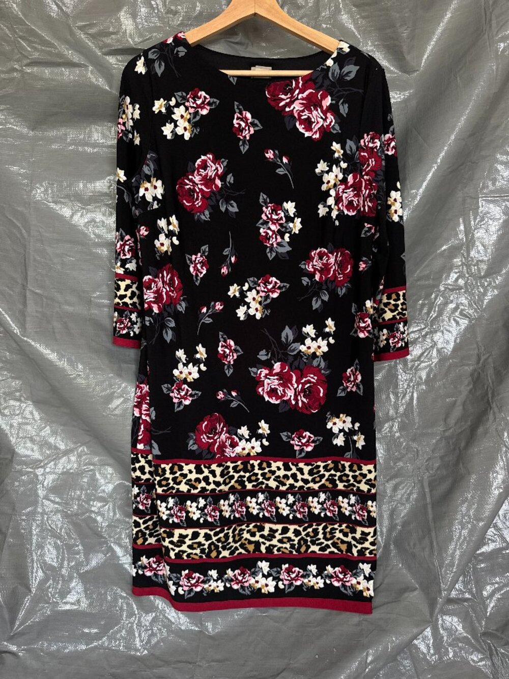 Chico’s Womens 1 8/10 Floral Leopard Border 3/4 Sleeve Shift Dress Black